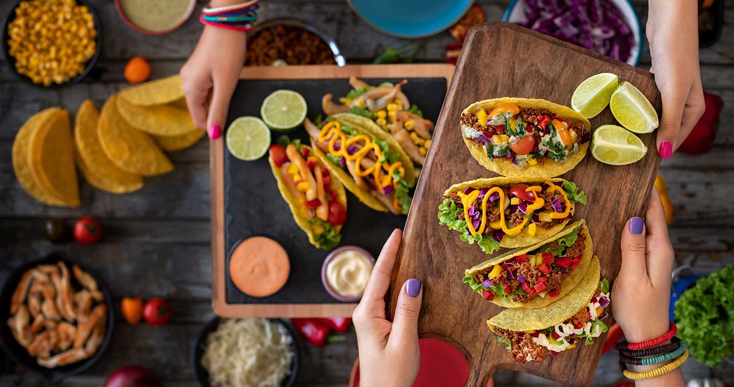Mexican Tacos with spicy Salsa and nacho tortilla chips