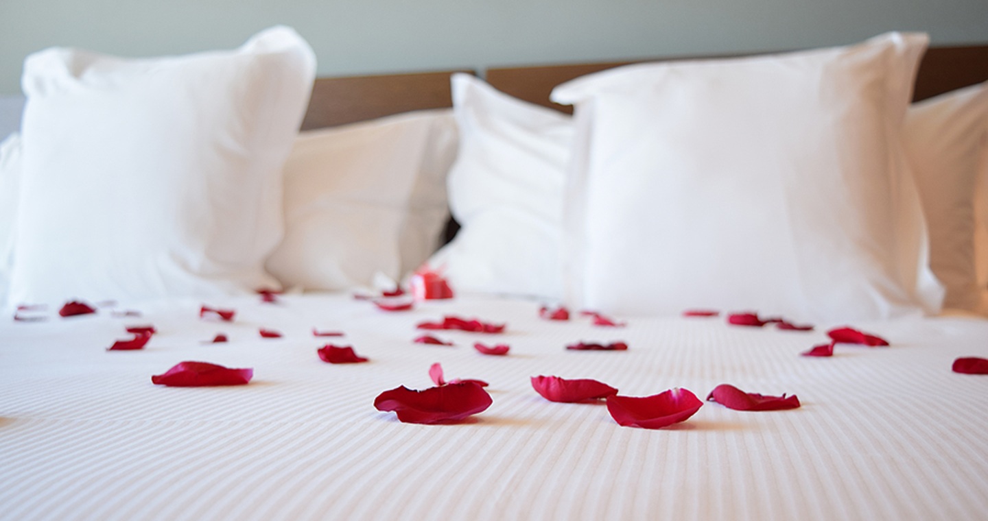Red rose petals on white bed at a Dallas bed and breakfast